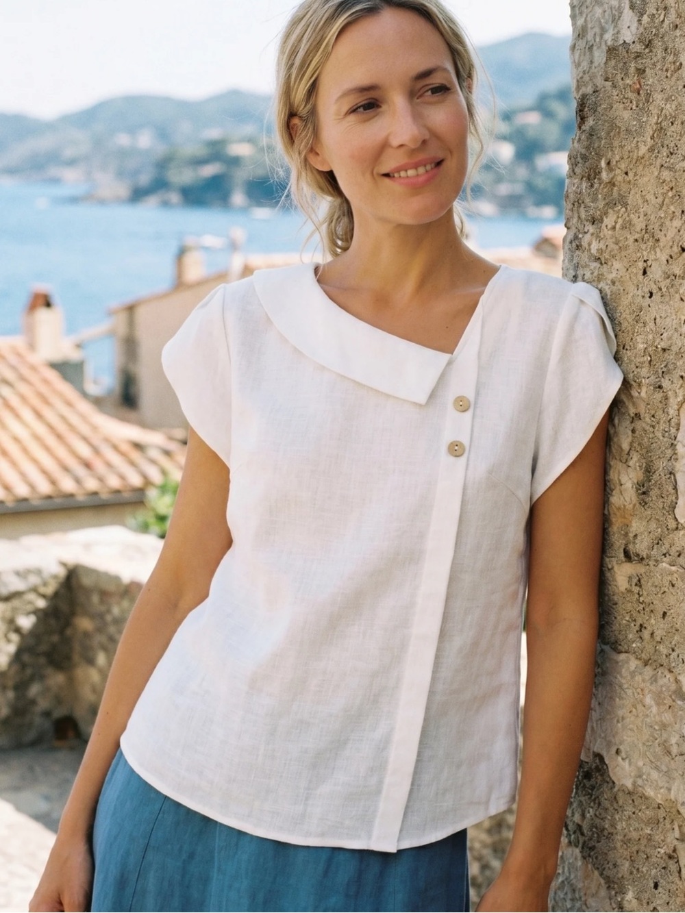 Lintico white Asymmetric Collar Linen Top NWT